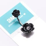 Detail View 4 of Double Rose Blossom Sparkle Belly Button Ring-Black/Clear Gem