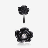 Double Rose Blossom Sparkle Belly Button Ring-Black/Clear Gem
