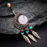 Detail View 3 of Vintage Boho Filigree Moon Opal Dreamcatcher Belly Button Ring-Brass/Clear/White