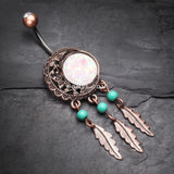 Detail View 2 of Vintage Boho Filigree Moon Opal Dreamcatcher Belly Button Ring-Brass/Clear/White