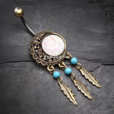 Detail View 2 of Vintage Boho Filigree Moon Opal Dreamcatcher Belly Button Ring-Copper/Clear/White