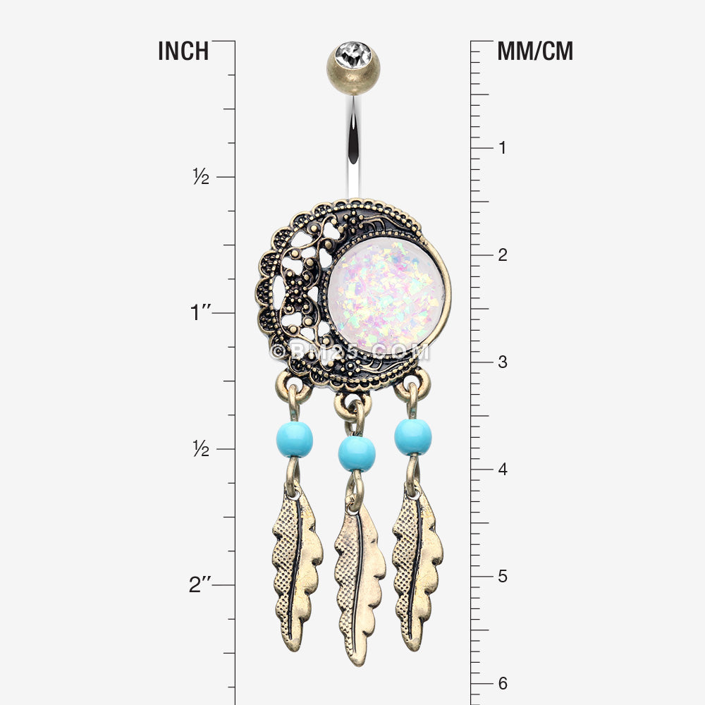 Detail View 1 of Vintage Boho Filigree Moon Opal Dreamcatcher Belly Button Ring-Copper/Clear/White