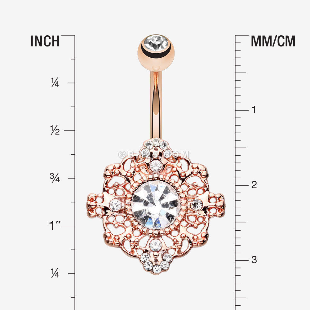 Detail View 1 of Rose Gold Filigree Mandala Sparkle Belly Button Ring-Clear Gem