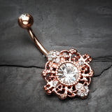 Detail View 2 of Rose Gold Filigree Mandala Sparkle Belly Button Ring-Clear Gem