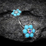 Detail View 2 of Turquoise Flower Sparkle Prong Set Belly Button Ring-Aurora Borealis/Turquoise