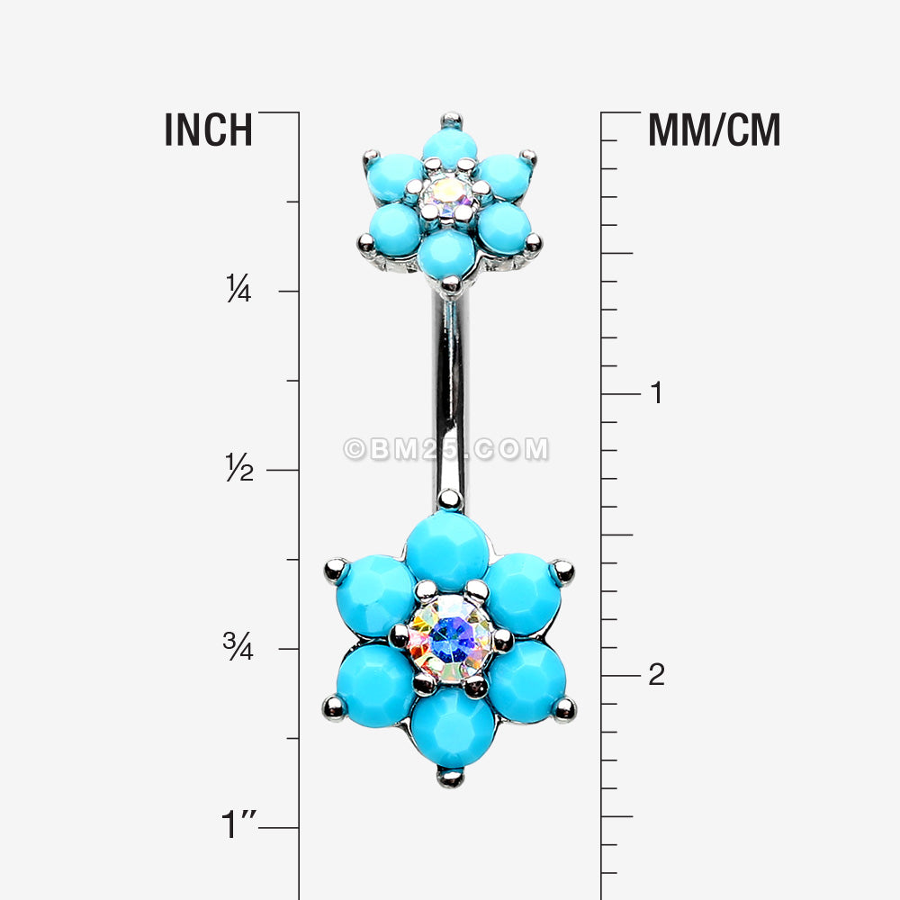 Detail View 1 of Turquoise Flower Sparkle Prong Set Belly Button Ring-Aurora Borealis/Turquoise