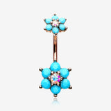 Rose Gold Turquoise Flower Sparkle Prong Set Belly Button Ring