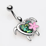 Detail View 3 of Hawaiian Flower Turtle Opal Sparkle Belly Button Ring-Clear Gem/Black