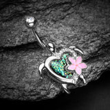 Detail View 2 of Hawaiian Flower Turtle Opal Sparkle Belly Button Ring-Clear Gem/Black