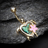 Detail View 2 of Golden Hawaiian Flower Turtle Opal Sparkle Belly Button Ring-Clear Gem/Black