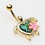 Detail View 3 of Golden Hawaiian Flower Turtle Opal Sparkle Belly Button Ring-Clear Gem/Black