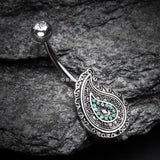 Detail View 2 of Vintage Boho Paisley Turquoise Belly Button Ring-Clear Gem