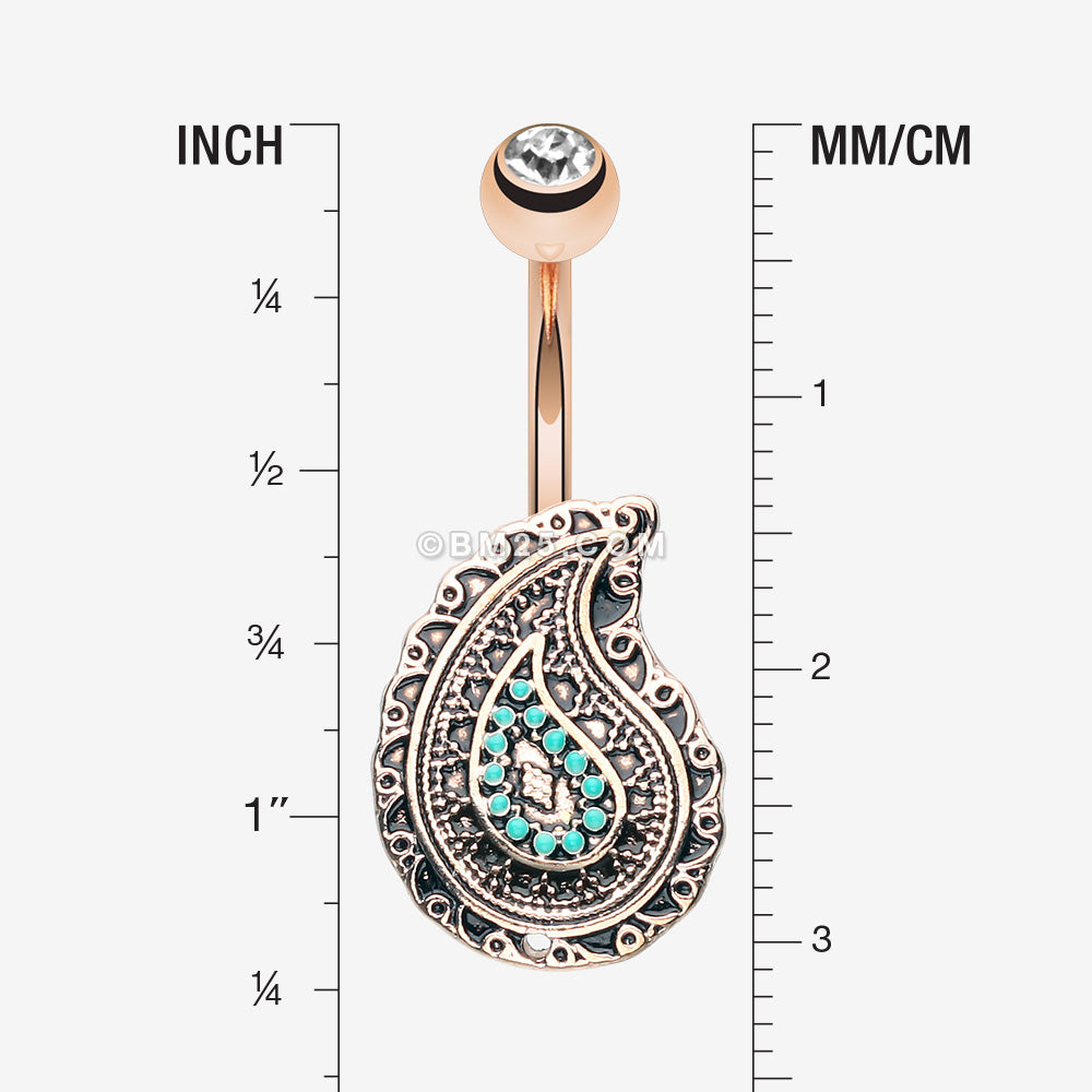 Detail View 1 of Rose Gold Vintage Boho Paisley Turquoise Belly Button Ring-Clear Gem