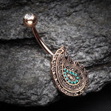 Detail View 2 of Rose Gold Vintage Boho Paisley Turquoise Belly Button Ring-Clear Gem