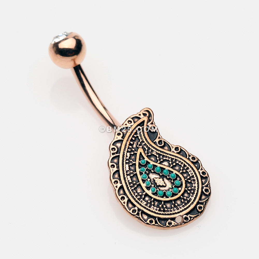 Detail View 3 of Rose Gold Vintage Boho Paisley Turquoise Belly Button Ring-Clear Gem