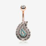 Rose Gold Vintage Boho Paisley Turquoise Belly Button Ring-Clear Gem