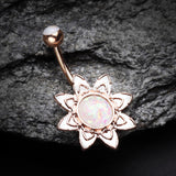 Detail View 2 of Rose Gold Starburst Opal Sparkle Flower Belly Button Ring-White
