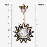 Detail View 1 of Golden Antique Tribal Sun God Opal Sparkle Belly Button Ring-Purple