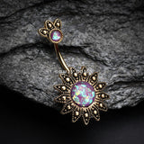Detail View 2 of Golden Antique Tribal Sun God Opal Sparkle Belly Button Ring-Purple