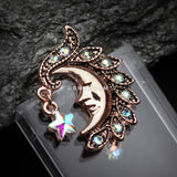Detail View 2 of Rose Gold Sparkle Star Crescent Moon Reverse Belly Button Ring-Aqua/Aurora Borealis