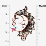 Detail View 1 of Rose Gold Sparkle Star Crescent Moon Reverse Belly Button Ring-Aqua/Aurora Borealis