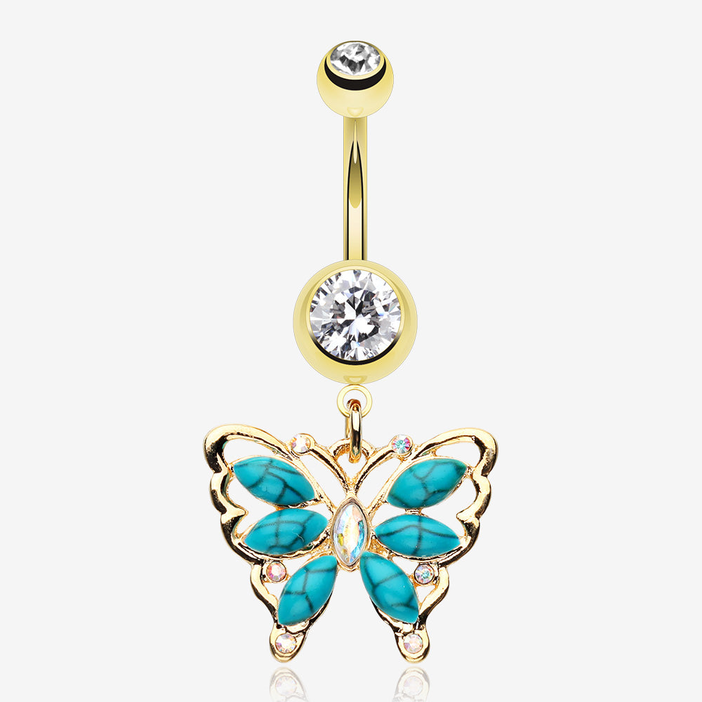 Golden Vintage Turquoise Butterfly Belly Button Ring-Clear/Turquoise