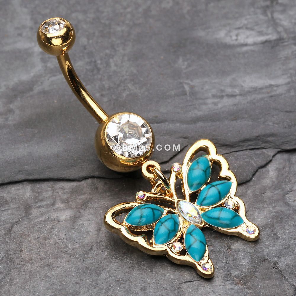 Detail View 2 of Golden Vintage Turquoise Butterfly Belly Button Ring-Clear/Turquoise
