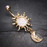 Detail View 2 of Golden Blazing Sun Opal Sparkle Moon Dangle Belly Button Ring-Aurora Borealis/White