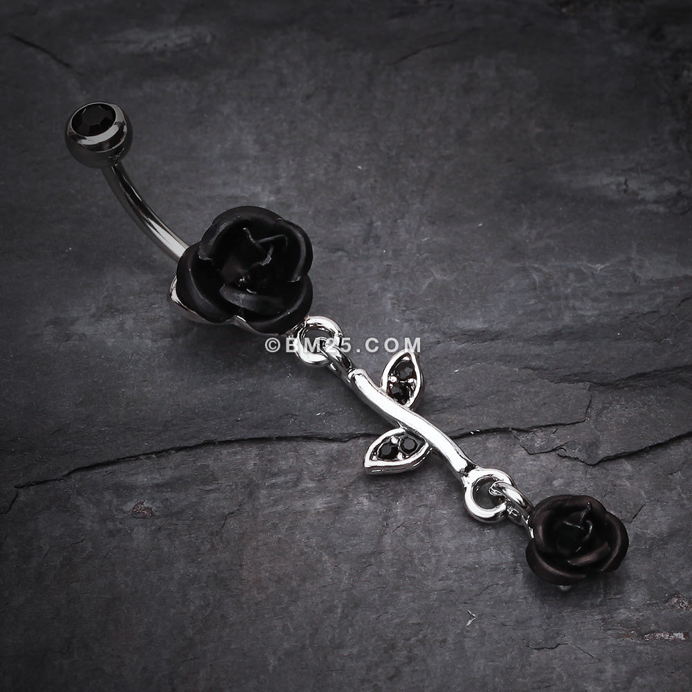 Detail View 2 of Bright Metal Rose Vine Dangle Belly Ring-Black