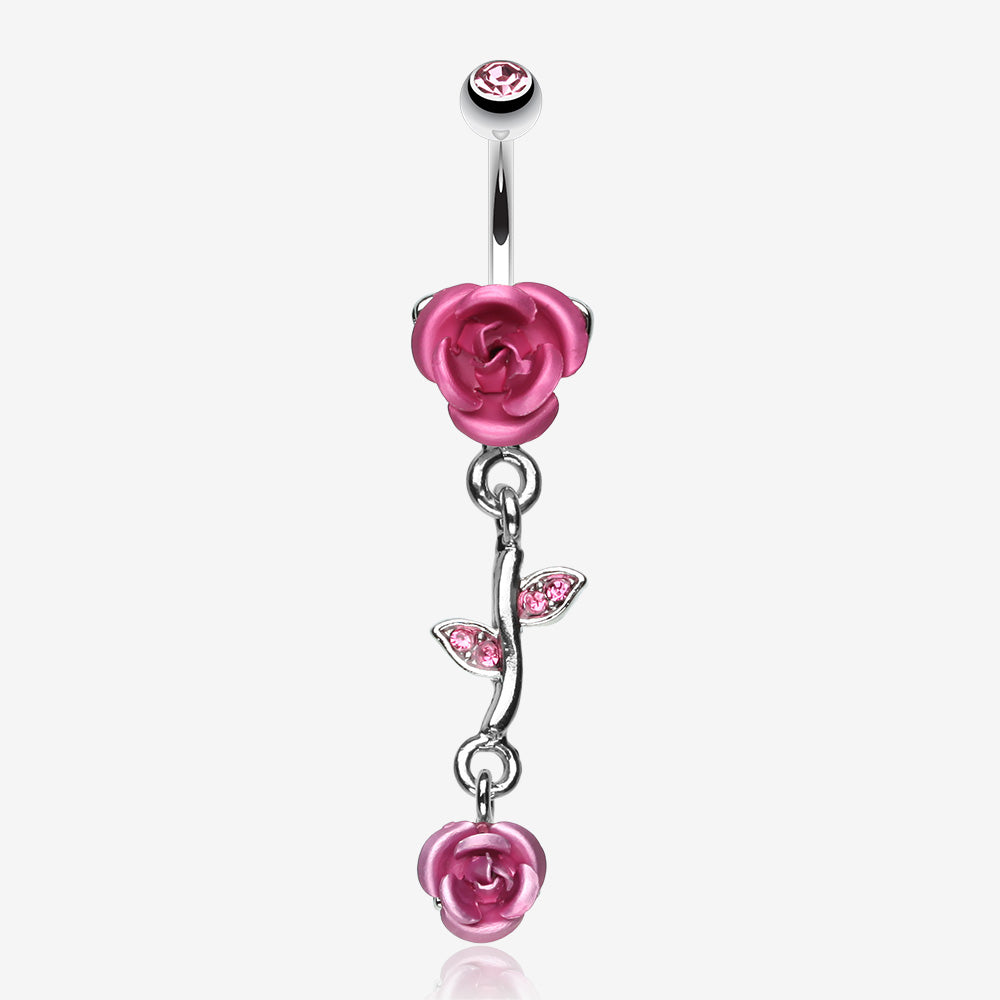 Bright Metal Rose Vine Dangle Belly Ring-Light Pink