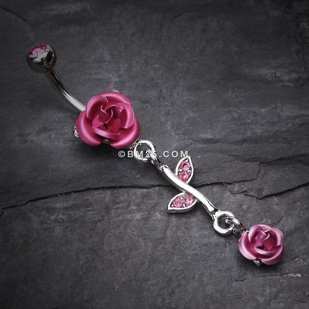 Detail View 2 of Bright Metal Rose Vine Dangle Belly Ring-Light Pink