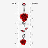 Detail View 1 of Bright Metal Rose Vine Dangle Belly Ring-Red