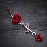 Detail View 2 of Bright Metal Rose Vine Dangle Belly Ring-Red