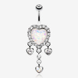 Brilliant Opal Sparkle Heart Dangle Belly Button Ring-Clear Gem/White