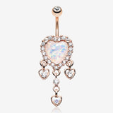 Rose Gold Brilliant Opal Sparkle Heart Dangle Belly Button Ring-Clear Gem/White