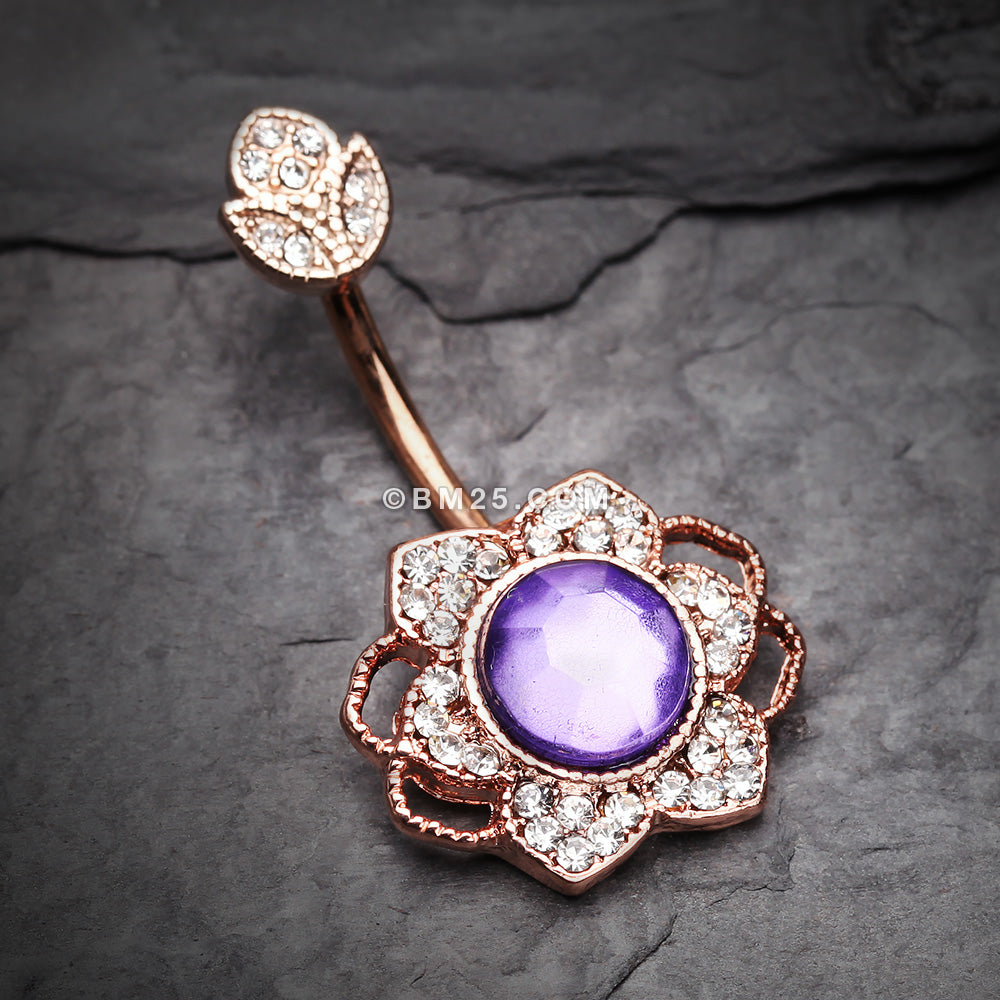 Detail View 2 of Rose Gold Antique Meadow Flower Belly Button Ring-Clear Gem/Purple