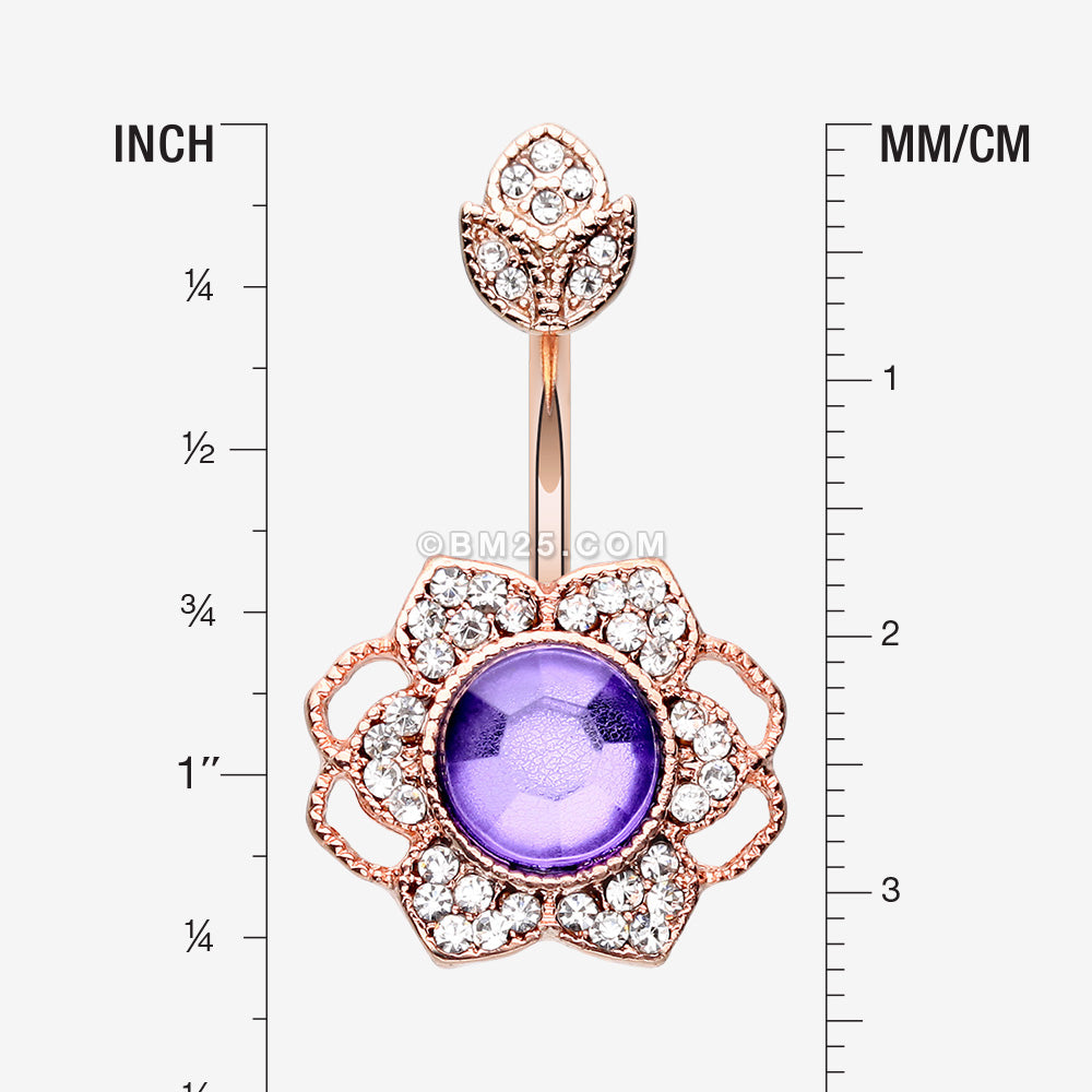 Detail View 1 of Rose Gold Antique Meadow Flower Belly Button Ring-Clear Gem/Purple