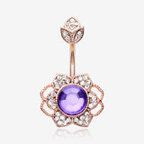 Rose Gold Antique Meadow Flower Belly Button Ring-Clear Gem/Purple