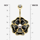 Detail View 1 of Golden Black Dahlia Flower Belly Button Ring-Clear Gem