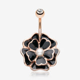 Rose Gold Black Dahlia Flower Belly Button Ring-Clear Gem