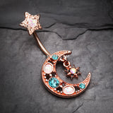 Detail View 2 of Rose Gold Celestial Opal Moon Star Belly Button Ring-Teal/White