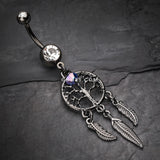 Detail View 2 of The Tree of Life Dreamcatcher Feather Hematite Belly Button Ring-Hematite/Clear