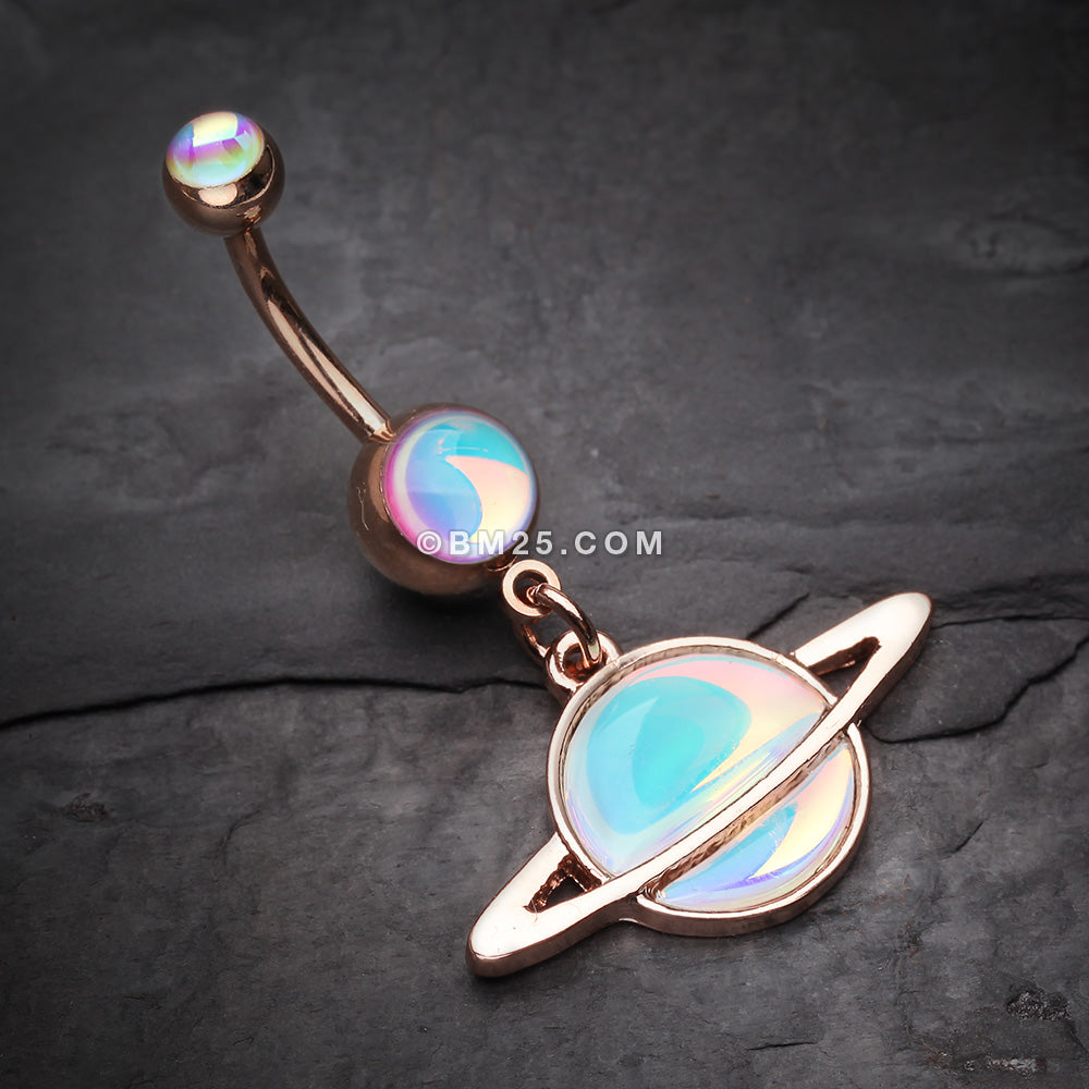 Detail View 2 of Rose Gold Iridescent Galaxy Planet Belly Button Ring-Rainbow/Multi-Color