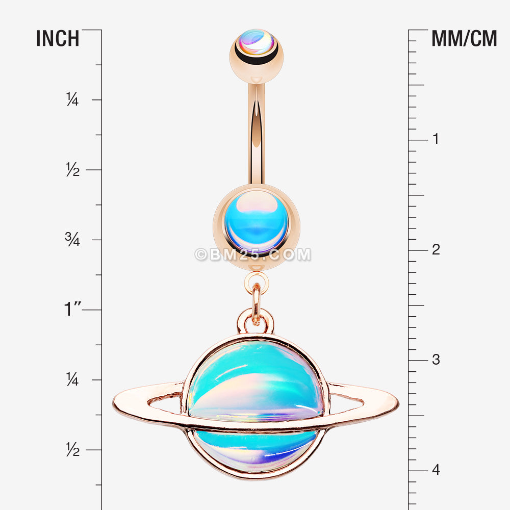 Detail View 1 of Rose Gold Iridescent Galaxy Planet Belly Button Ring-Rainbow/Multi-Color