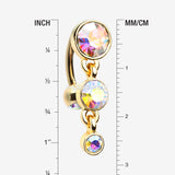 Detail View 1 of Golden Brilliant Sparkle Triple Gem Reverse Belly Button Ring-Aurora Borealis