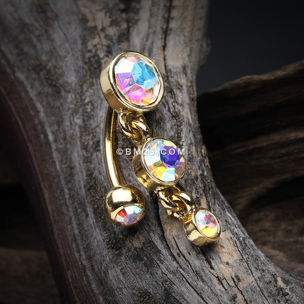 Detail View 2 of Golden Brilliant Sparkle Triple Gem Reverse Belly Button Ring-Aurora Borealis