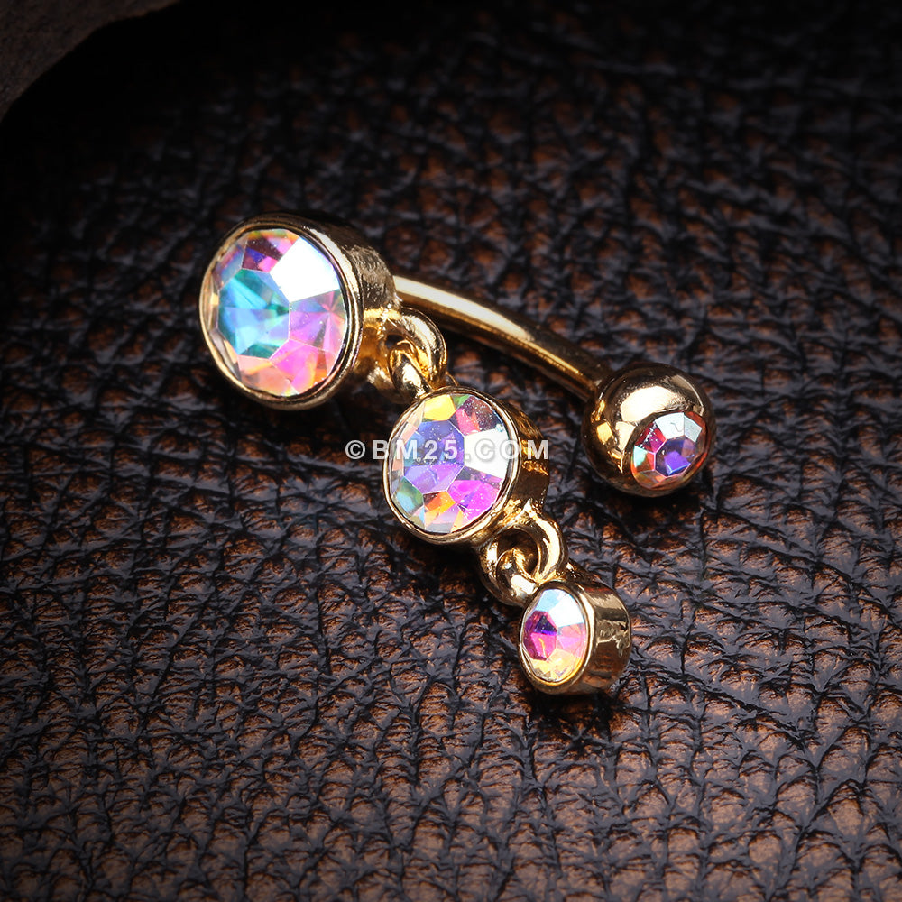 Detail View 3 of Golden Brilliant Sparkle Triple Gem Reverse Belly Button Ring-Aurora Borealis