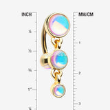 Detail View 1 of Golden Irisdescent Sparkle Triple Gem Reverse Belly Button Ring-Rainbow/Multi-Color
