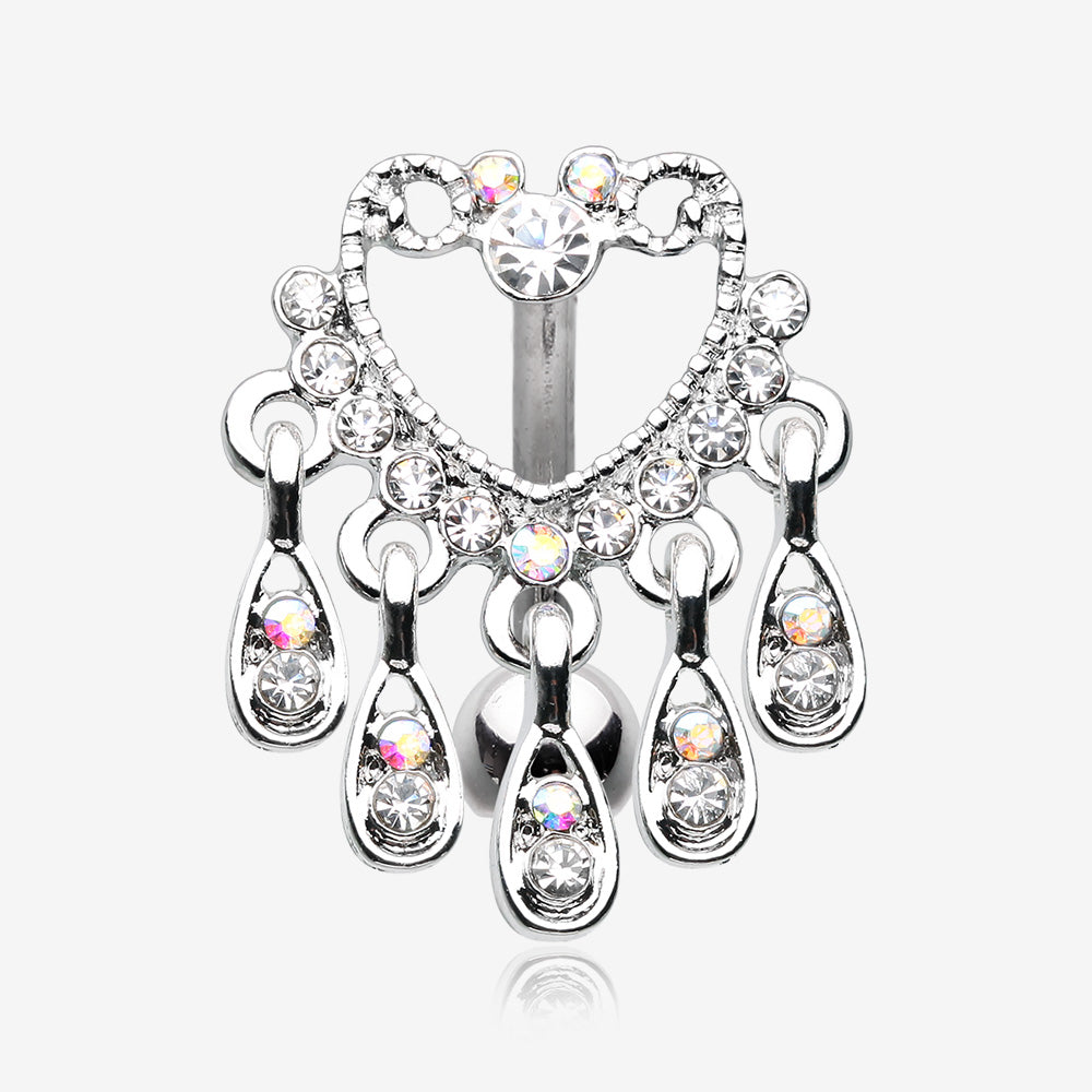 Heart Sparkle Chandelier Reverse Belly Button Ring-Clear Gem/Aurora Borealis