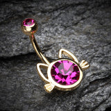 Detail View 2 of Golden Adorable Cat Face Sparkle Belly Button Ring-Fuchsia
